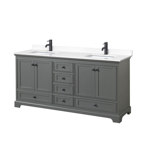 Wyndham WCS202072DGBWCUNSMXX Deborah 72 Inch Double Bathroom Vanity in Dark Gray, White Cultured Marble Countertop, Undermount Square Sinks, Matte Black Trim