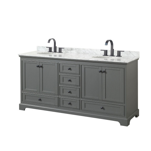 Wyndham WCS202072DGBCMUNOMXX Deborah 72 Inch Double Bathroom Vanity in Dark Gray, White Carrara Marble Countertop, Undermount Oval Sinks, Matte Black Trim