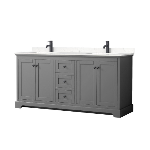 Wyndham WCV232372DGBC2UNSMXX Avery 72 Inch Double Bathroom Vanity in Dark Gray, Carrara Cultured Marble Countertop, Undermount Square Sinks, Matte Black Trim