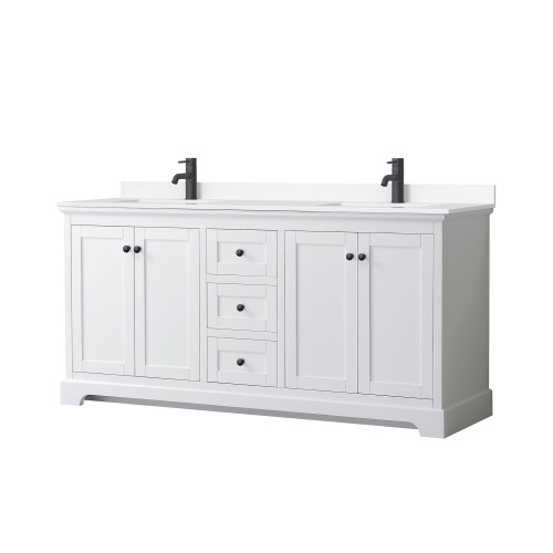 Wyndham WCV232372DWBWCUNSMXX Avery 72 Inch Double Bathroom Vanity in White, White Cultured Marble Countertop, Undermount Square Sinks, Matte Black Trim