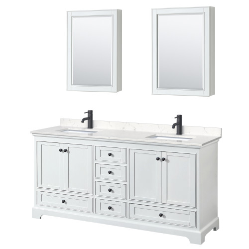 Wyndham WCS202072DWBC2UNSMED Deborah 72 Inch Double Bathroom Vanity in White, Carrara Cultured Marble Countertop, Undermount Square Sinks, Matte Black Trim, Medicine Cabinets