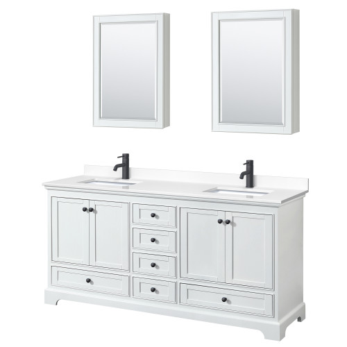 Wyndham WCS202072DWBWCUNSMED Deborah 72 Inch Double Bathroom Vanity in White, White Cultured Marble Countertop, Undermount Square Sinks, Matte Black Trim, Medicine Cabinets