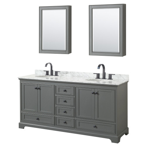Wyndham WCS202072DGBCMUNOMED Deborah 72 Inch Double Bathroom Vanity in Dark Gray, White Carrara Marble Countertop, Undermount Oval Sinks, Matte Black Trim, Medicine Cabinets