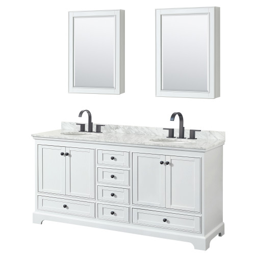 Wyndham WCS202072DWBCMUNOMED Deborah 72 Inch Double Bathroom Vanity in White, White Carrara Marble Countertop, Undermount Oval Sinks, Matte Black Trim, Medicine Cabinets Wyndham WCS202072DWBCMUNOMED Deborah 72 Inch Double Bathroom Vanity in White, White Carrara Marble Countertop, Undermount Oval Sinks, Matte Black Trim, Medicine Cabinets