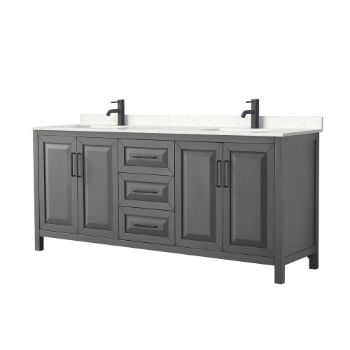 Wyndham WCV252580DGBC2UNSMXX Daria 80 Inch Double Bathroom Vanity in Dark Gray, Carrara Cultured Marble Countertop, Undermount Square Sinks, Matte Black Trim