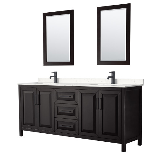 Wyndham WCV252580DEBC2UNSM24 Daria 80 Inch Double Bathroom Vanity in Dark Espresso, Carrara Cultured Marble Countertop, Undermount Square Sinks, Matte Black Trim, 24 Inch Mirrors