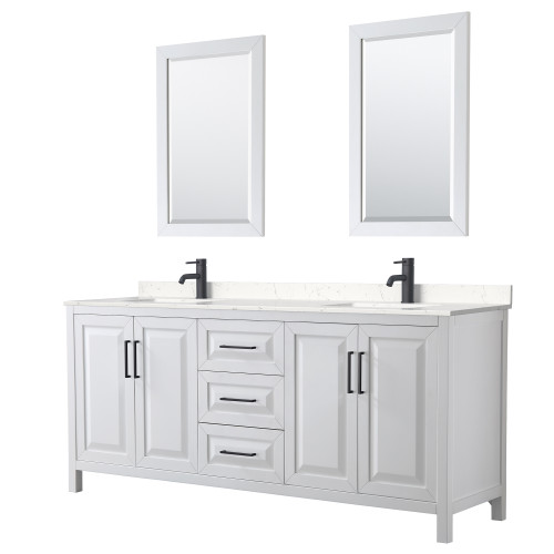 Wyndham WCV252580DWBC2UNSM24 Daria 80 Inch Double Bathroom Vanity in White, Carrara Cultured Marble Countertop, Undermount Square Sinks, Matte Black Trim, 24 Inch Mirrors