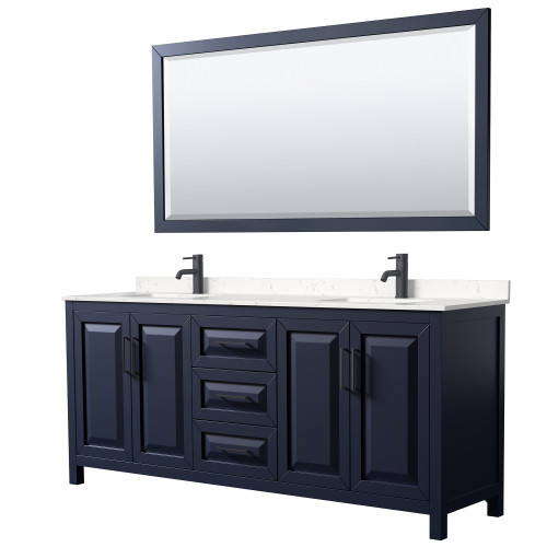 Wyndham WCV252580DBBC2UNSM70 Daria 80 Inch Double Bathroom Vanity in Dark Blue, Carrara Cultured Marble Countertop, Undermount Square Sinks, Matte Black Trim, 70 Inch Mirror