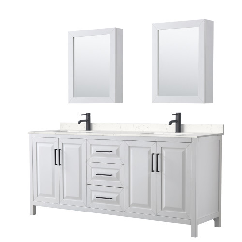 Wyndham WCV252580DWBC2UNSMED Daria 80 Inch Double Bathroom Vanity in White, Carrara Cultured Marble Countertop, Undermount Square Sinks, Matte Black Trim, Medicine Cabinets