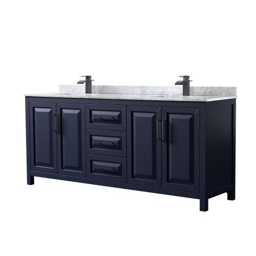 Wyndham WCV252580DBBCMUNSMXX Daria 80 Inch Double Bathroom Vanity in Dark Blue, White Carrara Marble Countertop, Undermount Square Sinks, Matte Black Trim