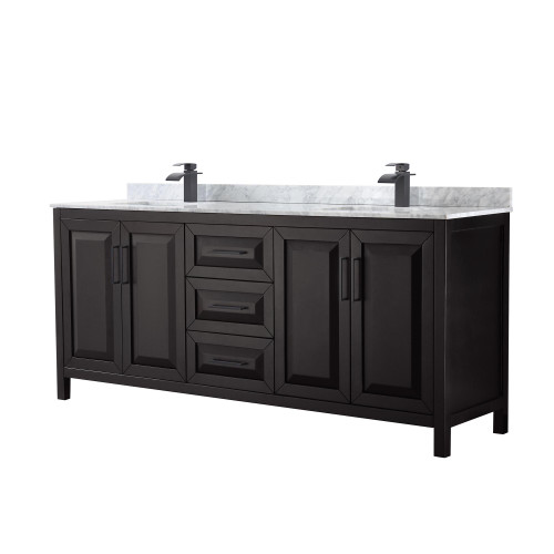 Wyndham WCV252580DEBCMUNSMXX Daria 80 Inch Double Bathroom Vanity in Dark Espresso, White Carrara Marble Countertop, Undermount Square Sinks, Matte Black Trim