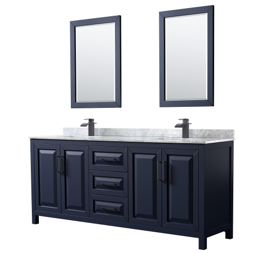 Wyndham WCV252580DBBCMUNSM24 Daria 80 Inch Double Bathroom Vanity in Dark Blue, White Carrara Marble Countertop, Undermount Square Sinks, Matte Black Trim, 24 Inch Mirrors