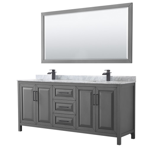 Wyndham WCV252580DGBCMUNSM70 Daria 80 Inch Double Bathroom Vanity in Dark Gray, White Carrara Marble Countertop, Undermount Square Sinks, Matte Black Trim, 70 Inch Mirror