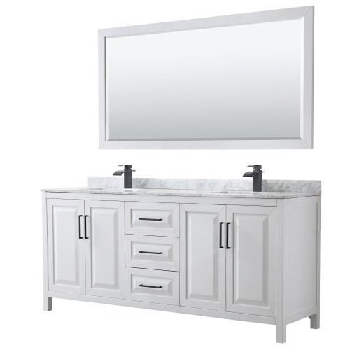 Wyndham WCV252580DWBCMUNSM70 Daria 80 Inch Double Bathroom Vanity in White, White Carrara Marble Countertop, Undermount Square Sinks, Matte Black Trim, 70 Inch Mirror