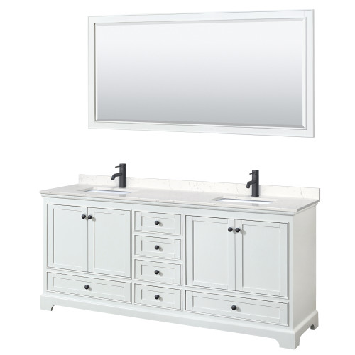 Wyndham WCS202080DWBC2UNSM70 Deborah 80 Inch Double Bathroom Vanity in White, Carrara Cultured Marble Countertop, Undermount Square Sinks, Matte Black Trim, 70 Inch Mirror