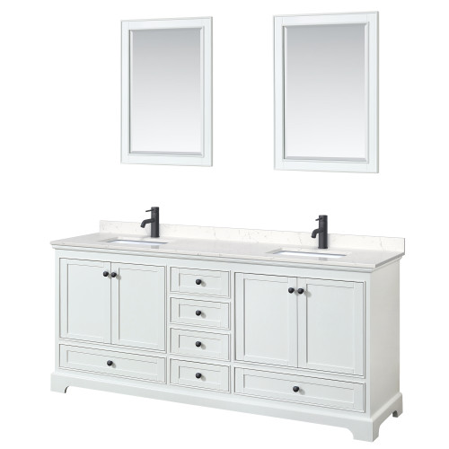 Wyndham WCS202080DWBC2UNSM24 Deborah 80 Inch Double Bathroom Vanity in White, Carrara Cultured Marble Countertop, Undermount Square Sinks, Matte Black Trim, 24 Inch Mirrors