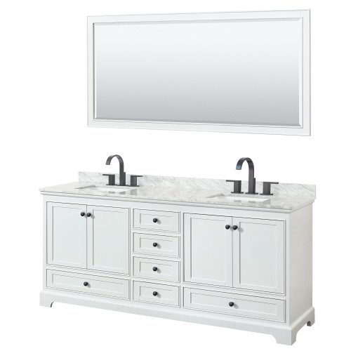 Wyndham WCS202080DWBCMUNSM70 Deborah 80 Inch Double Bathroom Vanity in White, White Carrara Marble Countertop, Undermount Square Sinks, Matte Black Trim, 70 Inch Mirror