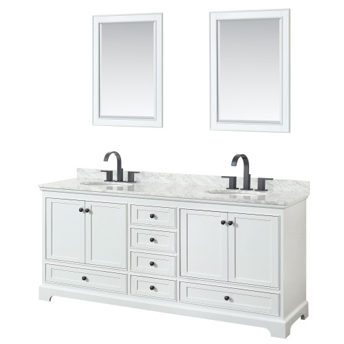 Wyndham WCS202080DWBCMUNOM24 Deborah 80 Inch Double Bathroom Vanity in White, White Carrara Marble Countertop, Undermount Oval Sinks, Matte Black Trim, 24 Inch Mirrors
