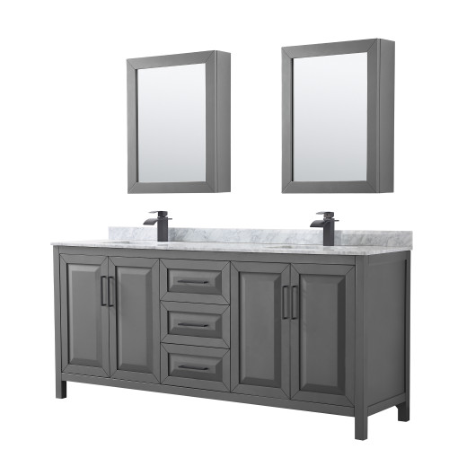 Wyndham WCV252580DGBCMUNSMED Daria 80 Inch Double Bathroom Vanity in Dark Gray, White Carrara Marble Countertop, Undermount Square Sinks, Matte Black Trim, Medicine Cabinets