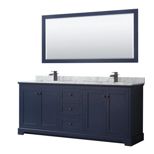 Wyndham WCV232380DBBCMUNSM70 Avery 80 Inch Double Bathroom Vanity in Dark Blue, White Carrara Marble Countertop, Undermount Square Sinks, Matte Black Trim, 70 Inch Mirror