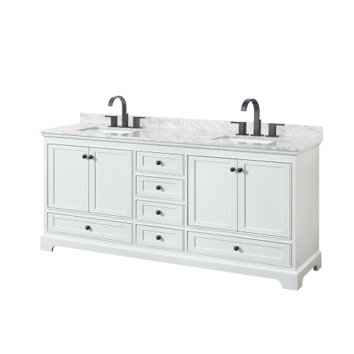 Wyndham WCS202080DWBCMUNSMXX Deborah 80 Inch Double Bathroom Vanity in White, White Carrara Marble Countertop, Undermount Square Sinks, Matte Black Trim