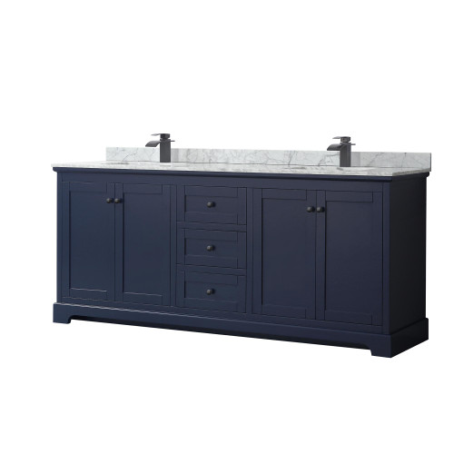 Wyndham WCV232380DBBCMUNSMXX Avery 80 Inch Double Bathroom Vanity in Dark Blue, White Carrara Marble Countertop, Undermount Square Sinks, Matte Black Trim