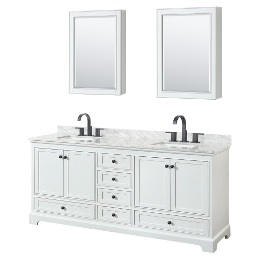 Wyndham WCS202080DWBCMUNSMED Deborah 80 Inch Double Bathroom Vanity in White, White Carrara Marble Countertop, Undermount Square Sinks, Matte Black Trim, Medicine Cabinets