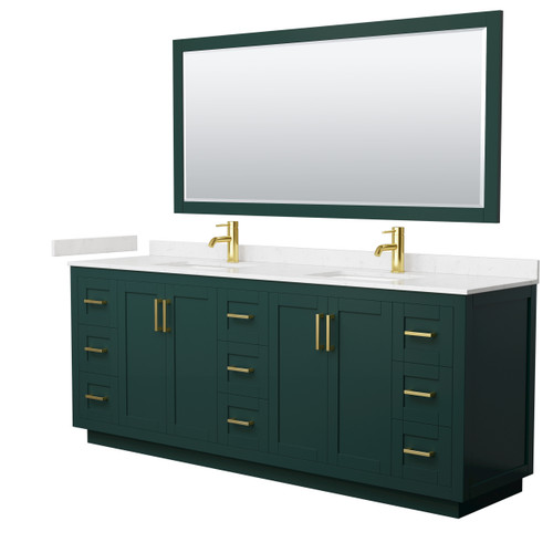 Wyndham WCF292984DGDC2UNSM70 Miranda 84 Inch Double Bathroom Vanity in Green, Carrara Cultured Marble Countertop, Undermount Square Sinks, Brushed Gold Trim, 70 Inch Mirror