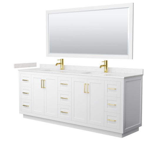 Wyndham WCF292984DWGC2UNSM70 Miranda 84 Inch Double Bathroom Vanity in White, Carrara Cultured Marble Countertop, Undermount Square Sinks, Brushed Gold Trim, 70 Inch Mirror