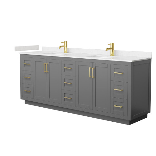 Wyndham WCF292984DGGC2UNSMXX Miranda 84 Inch Double Bathroom Vanity in Dark Gray, Carrara Cultured Marble Countertop, Undermount Square Sinks, Brushed Gold Trim