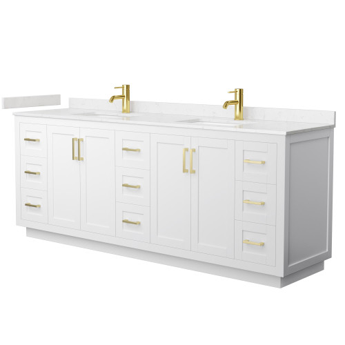 Wyndham WCF292984DWGC2UNSMXX Miranda 84 Inch Double Bathroom Vanity in White, Carrara Cultured Marble Countertop, Undermount Square Sinks, Brushed Gold Trim