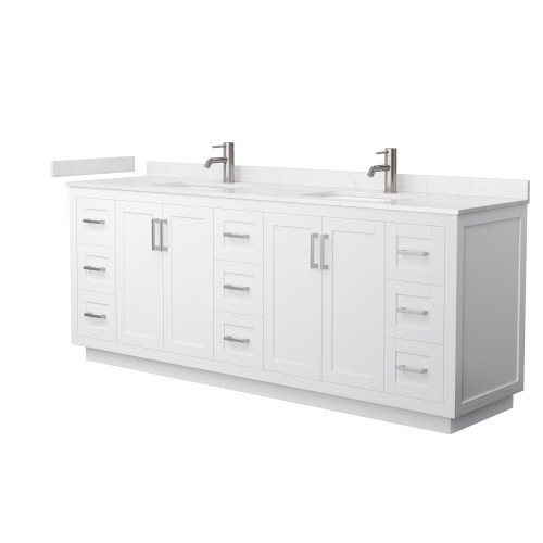 Wyndham WCF292984DWHC2UNSMXX Miranda 84 Inch Double Bathroom Vanity in White, Carrara Cultured Marble Countertop, Undermount Square Sinks, Brushed Nickel Trim