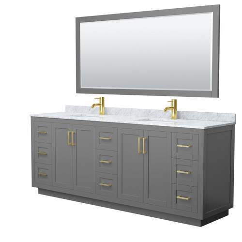 Wyndham WCF292984DGGCMUNSM70 Miranda 84 Inch Double Bathroom Vanity in Dark Gray, White Carrara Marble Countertop, Undermount Square Sinks, Brushed Gold Trim, 70 Inch Mirror