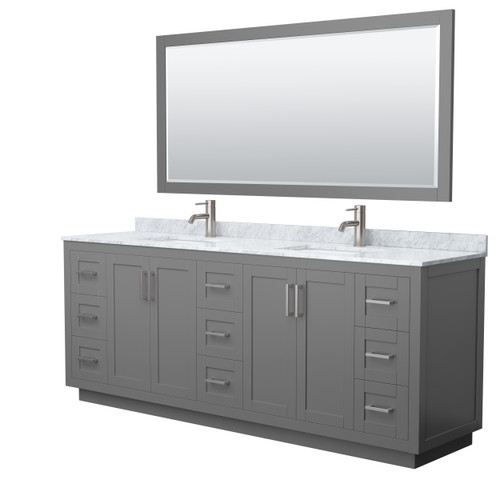 Wyndham WCF292984DKGCMUNSM70 Miranda 84 Inch Double Bathroom Vanity in Dark Gray, White Carrara Marble Countertop, Undermount Square Sinks, Brushed Nickel Trim, 70 Inch Mirror
