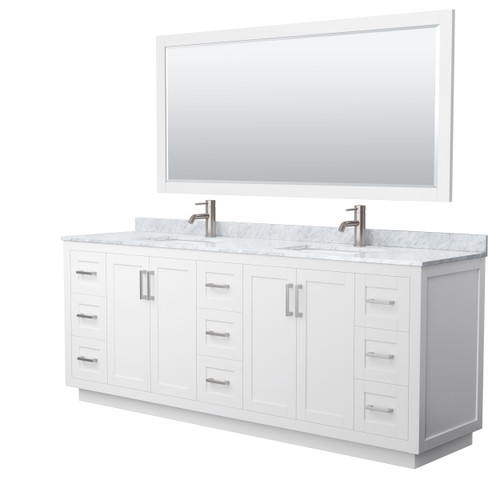 Wyndham WCF292984DWHCMUNSM70 Miranda 84 Inch Double Bathroom Vanity in White, White Carrara Marble Countertop, Undermount Square Sinks, Brushed Nickel Trim, 70 Inch Mirror