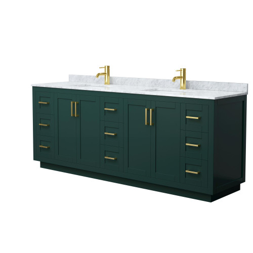 Wyndham WCF292984DGDCMUNSMXX Miranda 84 Inch Double Bathroom Vanity in Green, White Carrara Marble Countertop, Undermount Square Sinks, Brushed Gold Trim