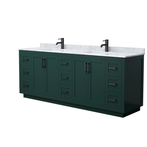 Wyndham WCF292984DGKCMUNSMXX Miranda 84 Inch Double Bathroom Vanity in Green, White Carrara Marble Countertop, Undermount Square Sinks, Matte Black Trim