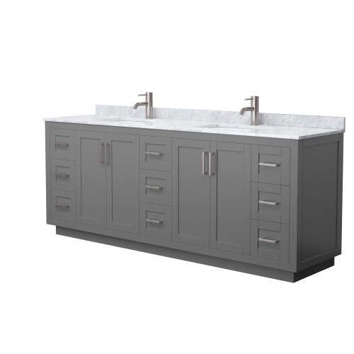 Wyndham WCF292984DKGCMUNSMXX Miranda 84 Inch Double Bathroom Vanity in Dark Gray, White Carrara Marble Countertop, Undermount Square Sinks, Brushed Nickel Trim