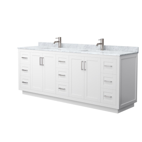 Wyndham WCF292984DWHCMUNSMXX Miranda 84 Inch Double Bathroom Vanity in White, White Carrara Marble Countertop, Undermount Square Sinks, Brushed Nickel Trim