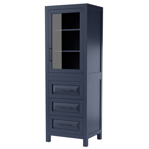Wyndham WCV2525LTBB Daria Linen Tower in Dark Blue with Matte Black Trim, Shelved Cabinet Storage, and 3 Drawers
