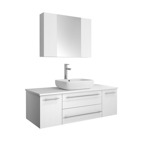 Fresca FVN6148WH-VSL Fresca Lucera 48" White Wall Hung Vessel Sink Modern Bathroom Vanity w/ Medicine Cabinet