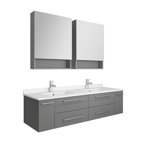Fresca FVN6160GR-UNS-D Fresca Lucera 60" Gray Wall Hung Double Undermount Sink Modern Bathroom Vanity w/ Medicine Cabinets