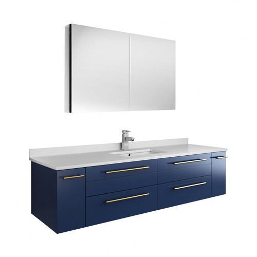 Fresca FVN6160RBL-UNS Fresca Lucera 60" Royal Blue Wall Hung Single Undermount Sink Modern Bathroom Vanity w/ Medicine Cabinet