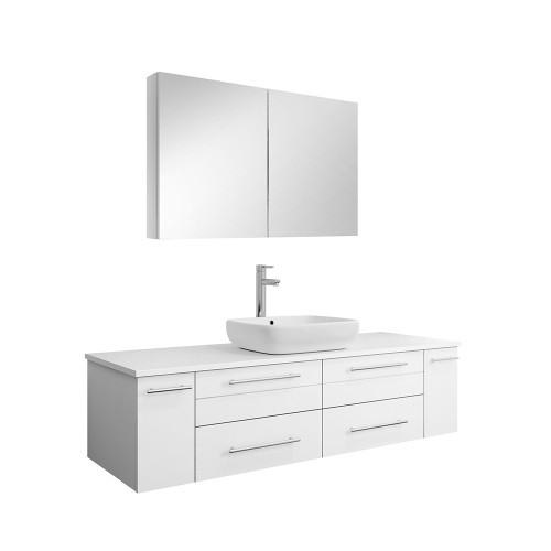 Fresca FVN6160WH-VSL Fresca Lucera 60" White Wall Hung Single Vessel Sink Modern Bathroom Vanity w/ Medicine Cabinet