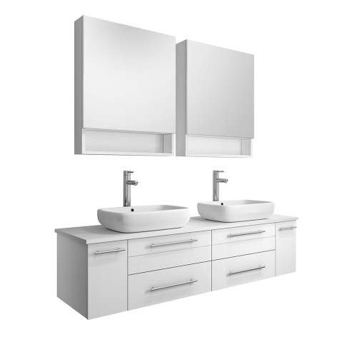 Fresca FVN6160WH-VSL-D Fresca Lucera 60" White Wall Hung Double Vessel Sink Modern Bathroom Vanity w/ Medicine Cabinets