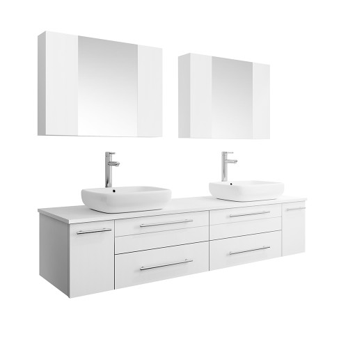 Fresca FVN6172WH-VSL-D Fresca Lucera 72" White Wall Hung Double Vessel Sink Modern Bathroom Vanity w/ Medicine Cabinets