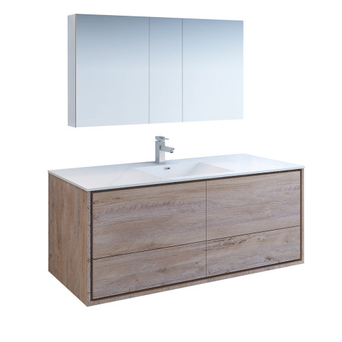 Fresca FVN9260RNW-S Fresca Catania 60" Rustic Natural Wood Wall Hung Single Sink Modern Bathroom Vanity w/ Medicine Cabinet