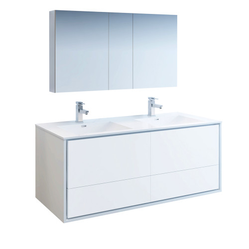 Fresca FVN9260WH-D Fresca Catania 60" Glossy White Wall Hung Double Sink Modern Bathroom Vanity w/ Medicine Cabinet