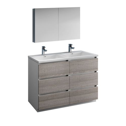 Fresca FVN93-2424HA-D Fresca Lazzaro 48" Glossy Ash Gray Free Standing Double Sink Modern Bathroom Vanity w/ Medicine Cabinet