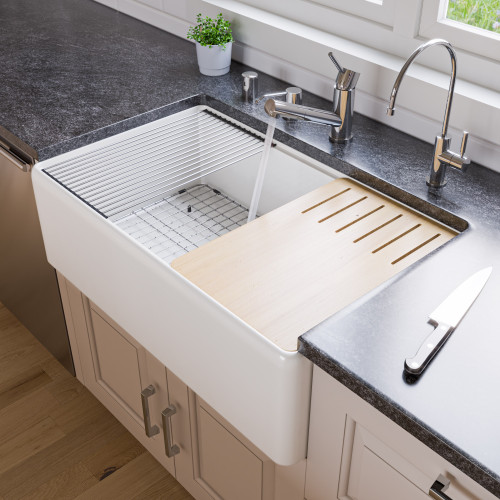 Alfi  ABFS3320S-W White Smooth Apron Workstation 33" x 20" Single Bowl Step Rim Fireclay Farm Sink with Accessories